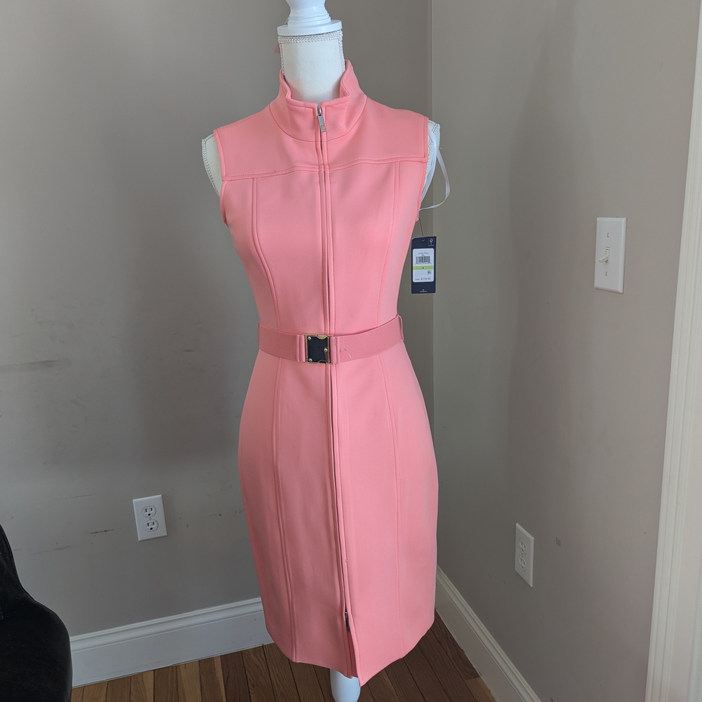 Pink Sleeveless Sheath Dress with Mock Neck